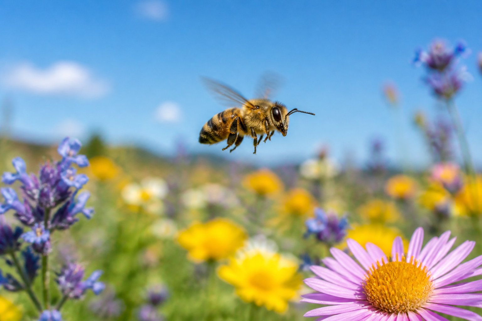 A honeybee flying over a field of colorful wildflowers on a sunny day.