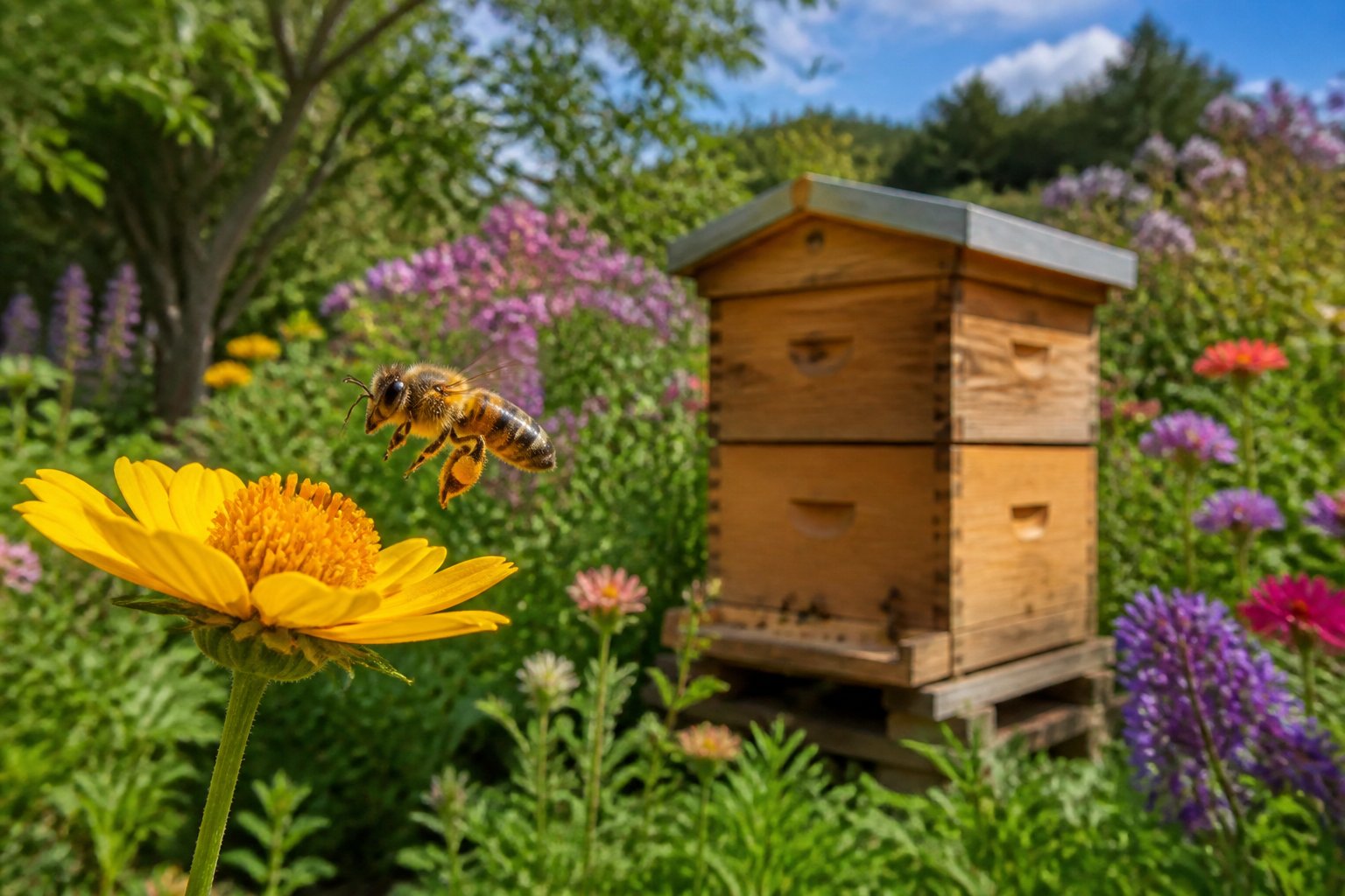 A honeybee flying near a yellow flower in a garden with a wooden beehive in the background.