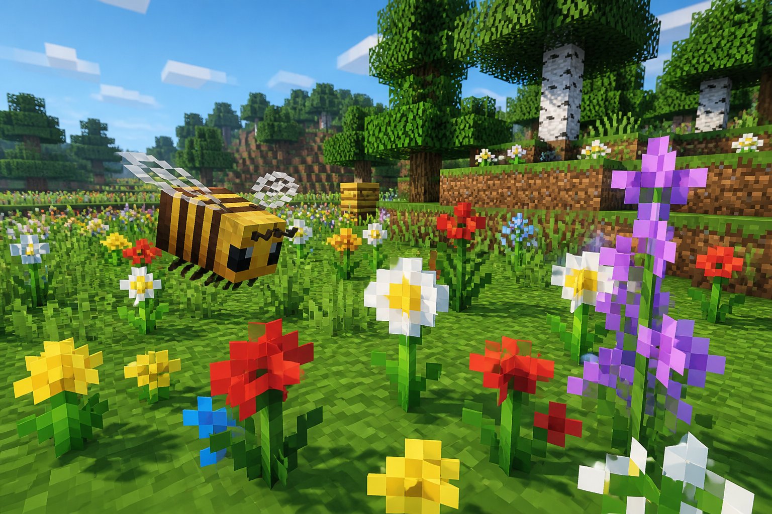 A pixelated bee flying towards colorful flowers in a bright Minecraft-style meadow with trees and a blue sky in the background.