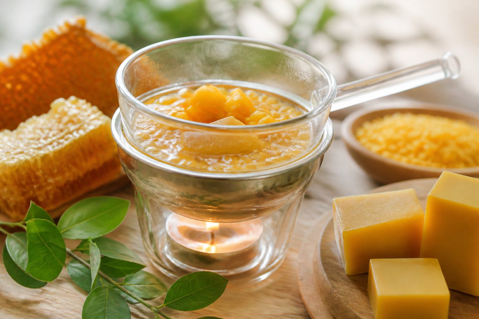 Close-up of beeswax chunks melting in a glass container on a wooden surface surrounded by honeycomb pieces and green leaves.