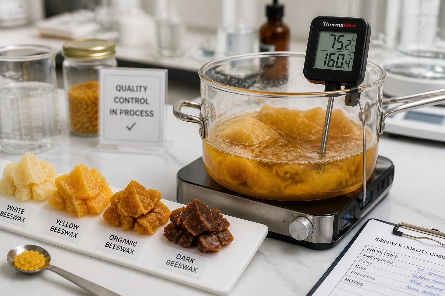 Close-up of beeswax melting in a pot with a thermometer measuring temperature, surrounded by samples of beeswax on a clean countertop.