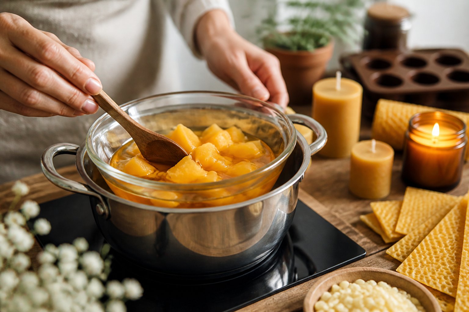 Close-up of beeswax chunks melting in a glass bowl over a double boiler with candle-making supplies on a wooden surface.