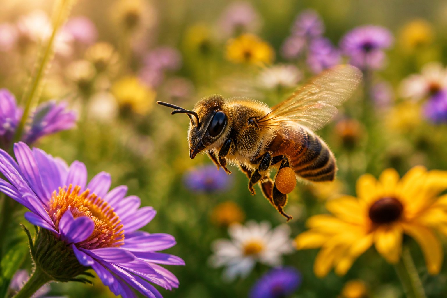 Close-up of a honeybee flying over colorful wildflowers in a sunlit field.