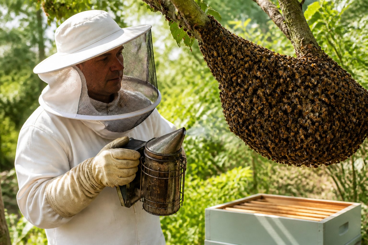 A beekeeper in protective clothing observing a large swarm of bees clustered on a tree branch outdoors.