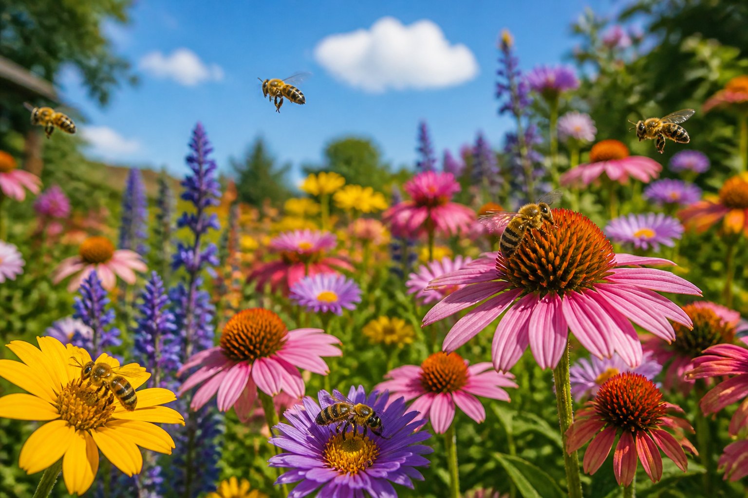 Bees flying and collecting nectar from colorful flowers in a bright garden during the day.