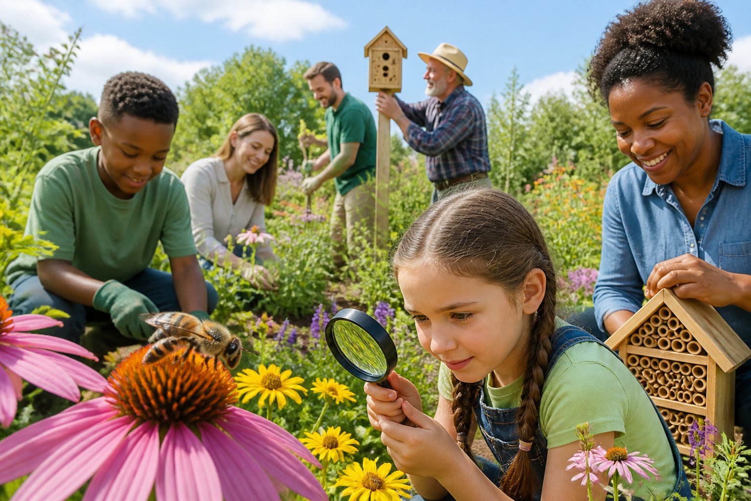 People planting flowers and setting up bee houses in a garden with bees pollinating colorful flowers.