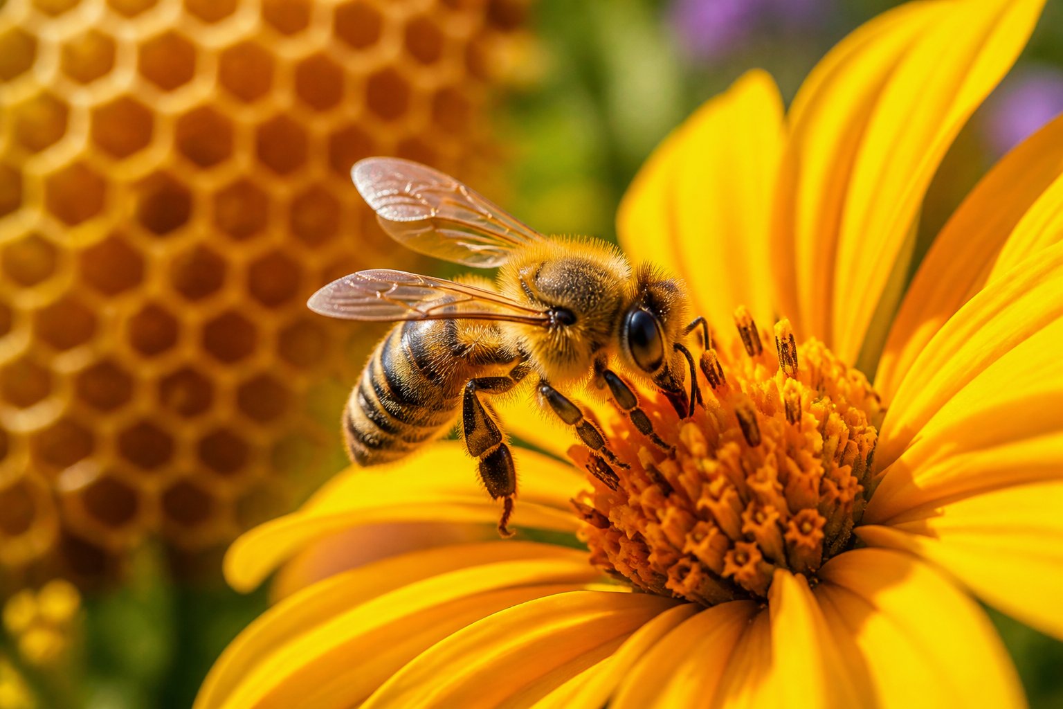 A honeybee collecting nectar from a flower with a blurred honeycomb pattern in the background.