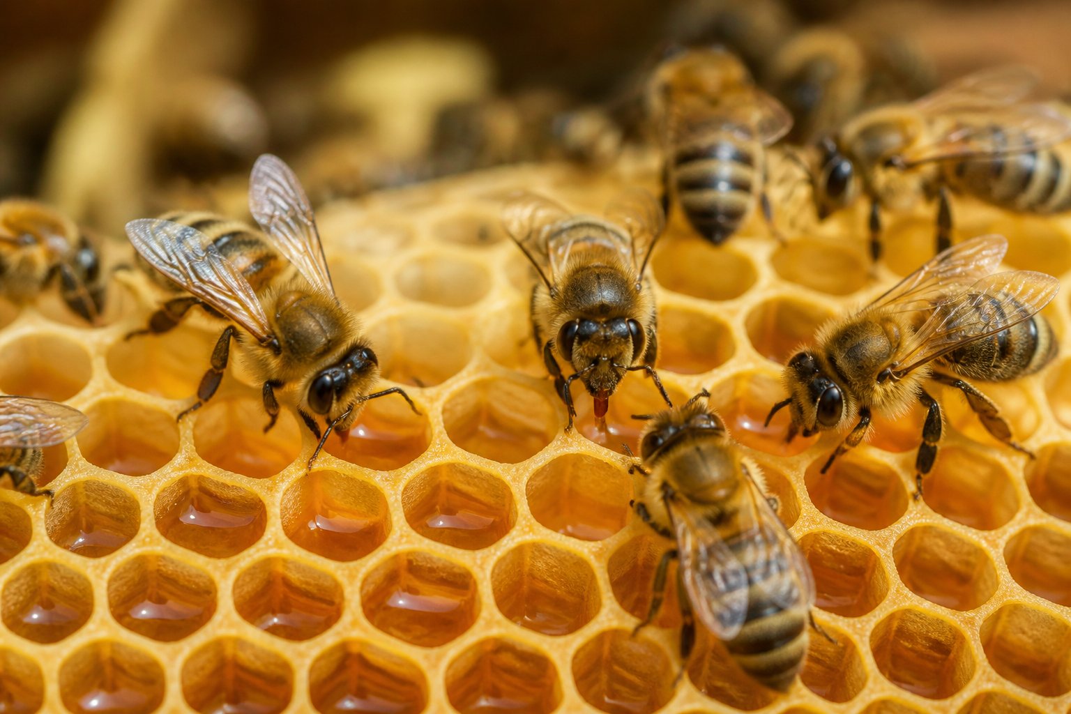 Close-up view of honeybees working inside a honeycomb filled with honey inside a beehive.
