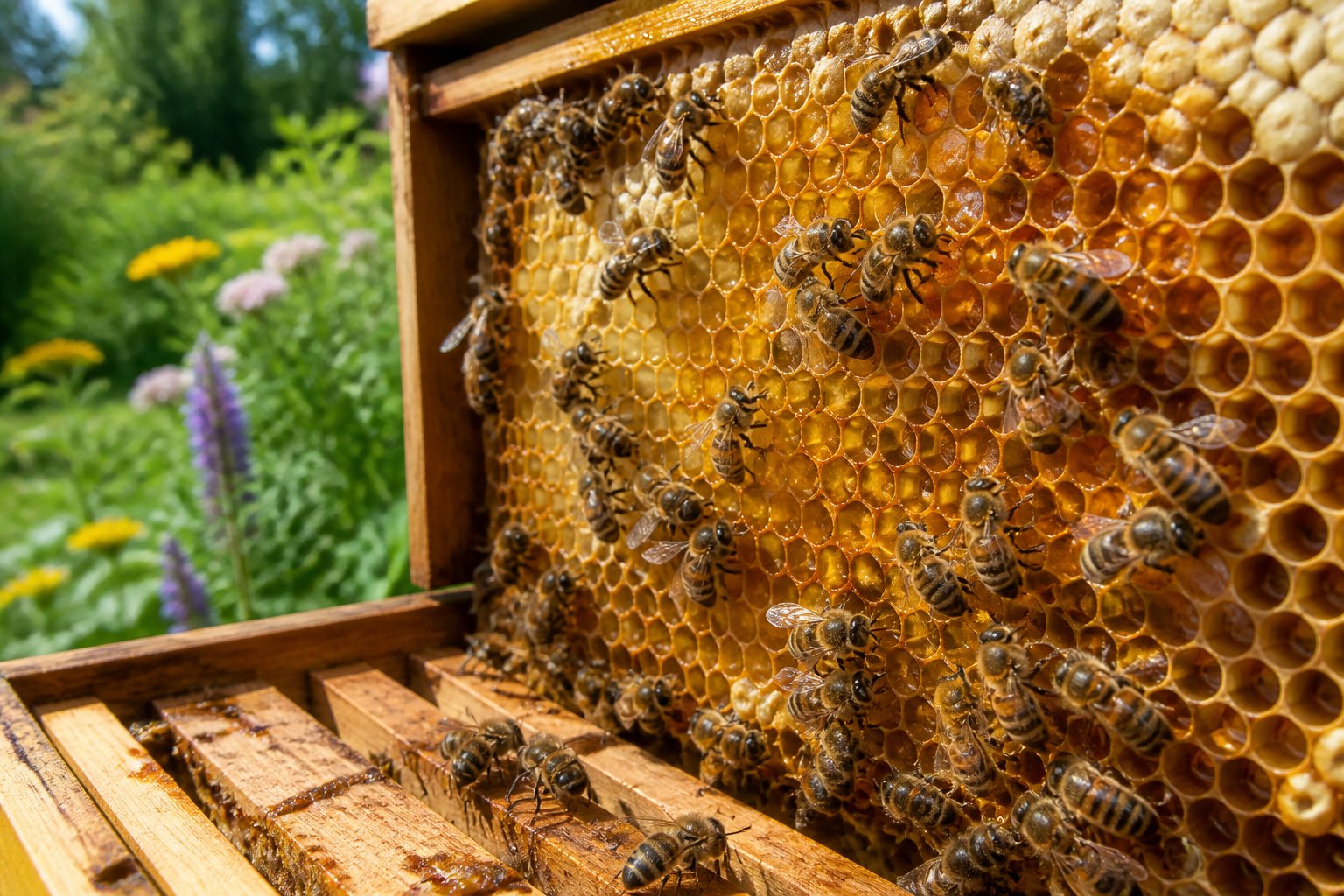 Close-up of bees working on honeycomb filled with honey inside a beehive surrounded by flowering plants.