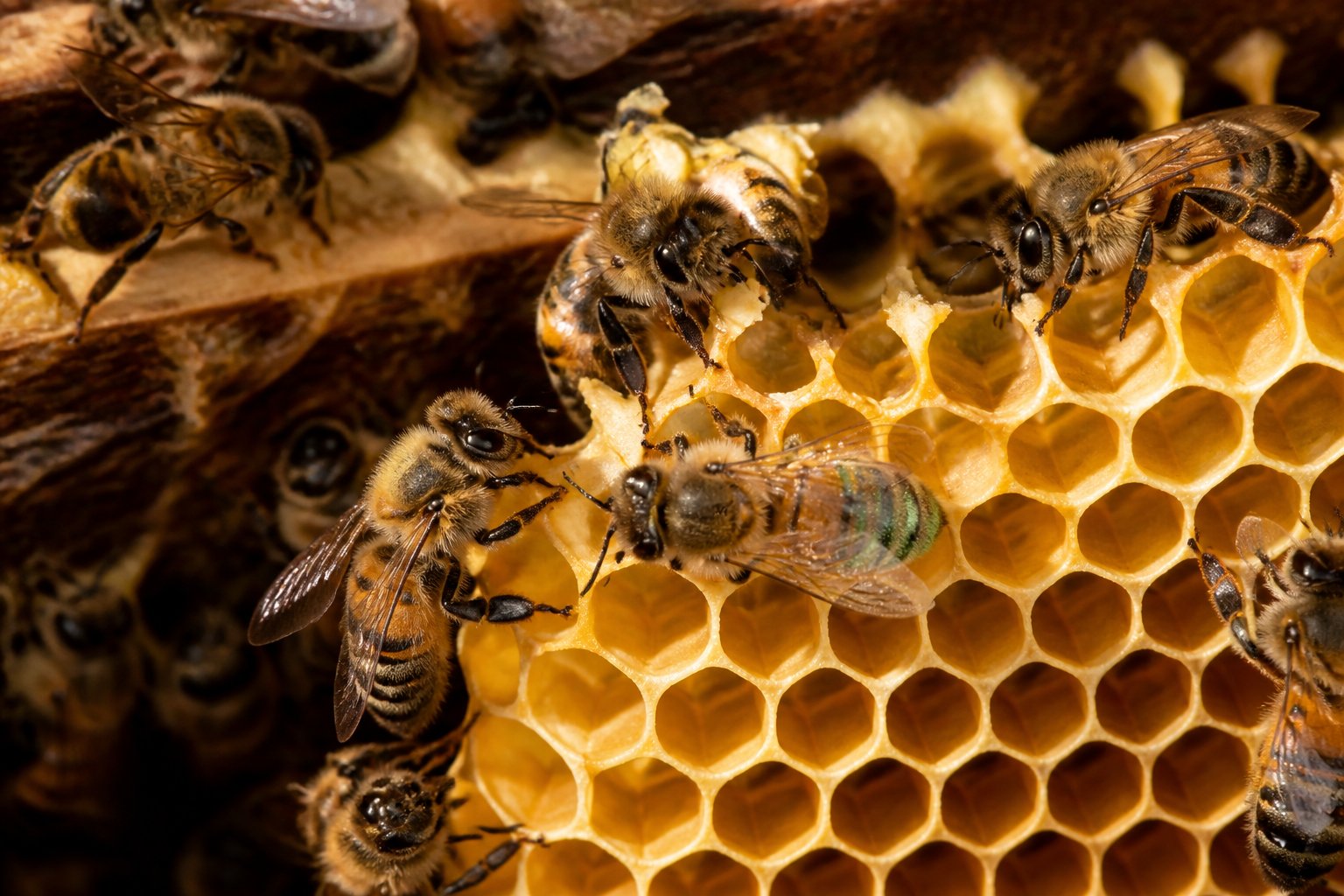 Close-up view of bees building honeycomb inside a hive with hexagonal wax cells.