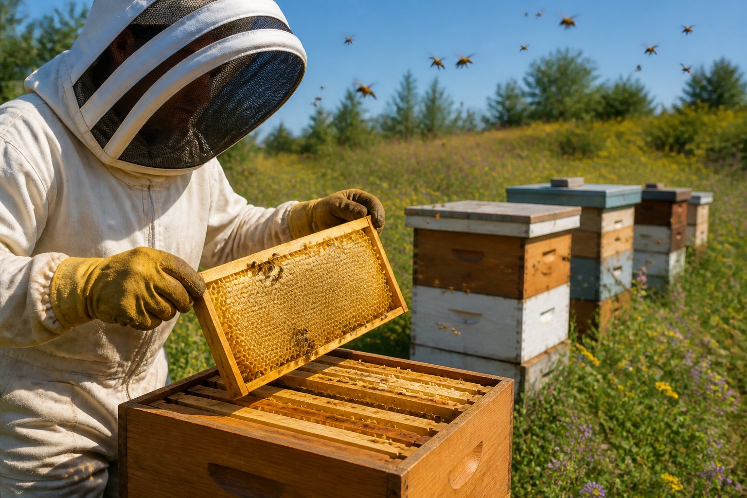 A beekeeper in protective clothing inspects a beehive outdoors with bees flying nearby and honeycomb frames visible inside the hive.