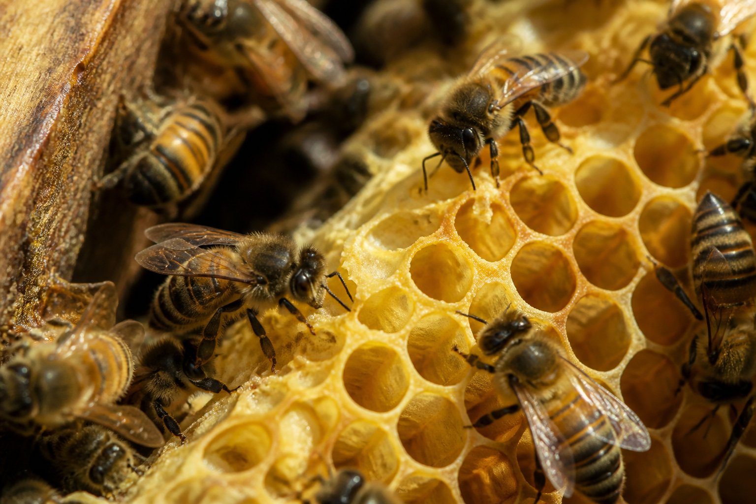 Close-up of honeybees working on a honeycomb inside a beehive, showing the detailed hexagonal wax cells.