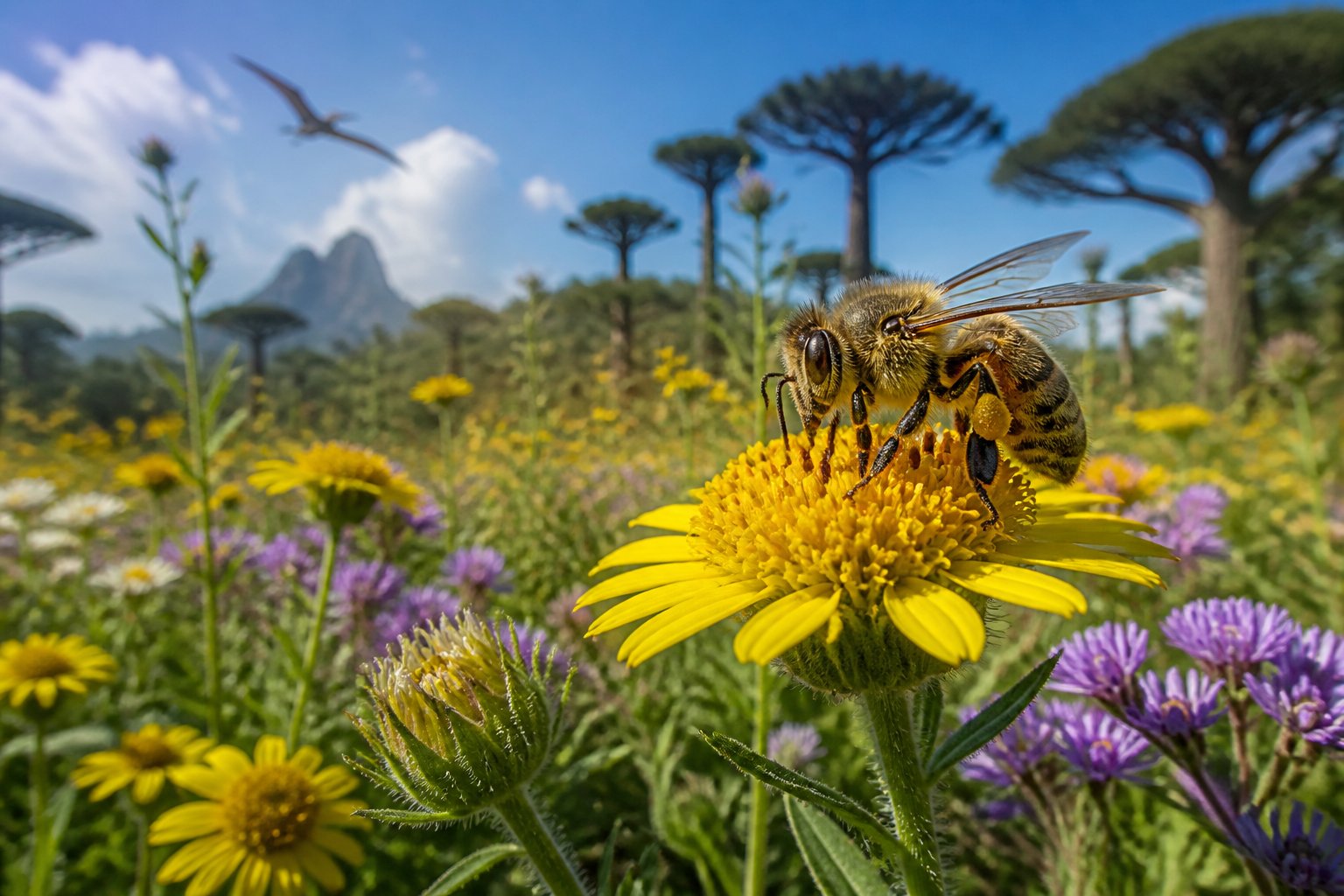 A honeybee collecting nectar from a yellow flower in a green meadow with trees and a blue sky in the background.