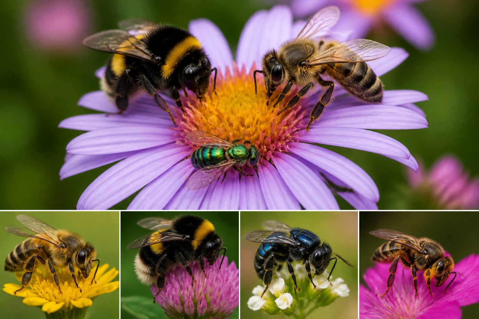 Several different types of bees resting on colorful flowers in a natural outdoor environment.