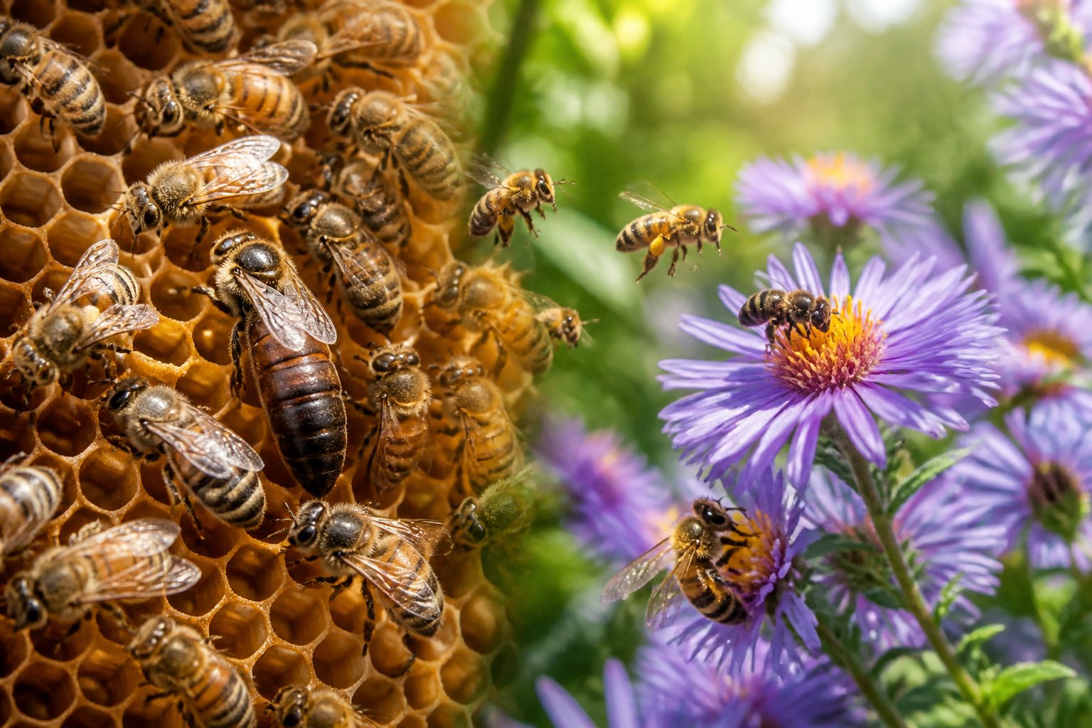 Close-up of bees on flowers and inside a hive, showing different types of bees in their natural environment.