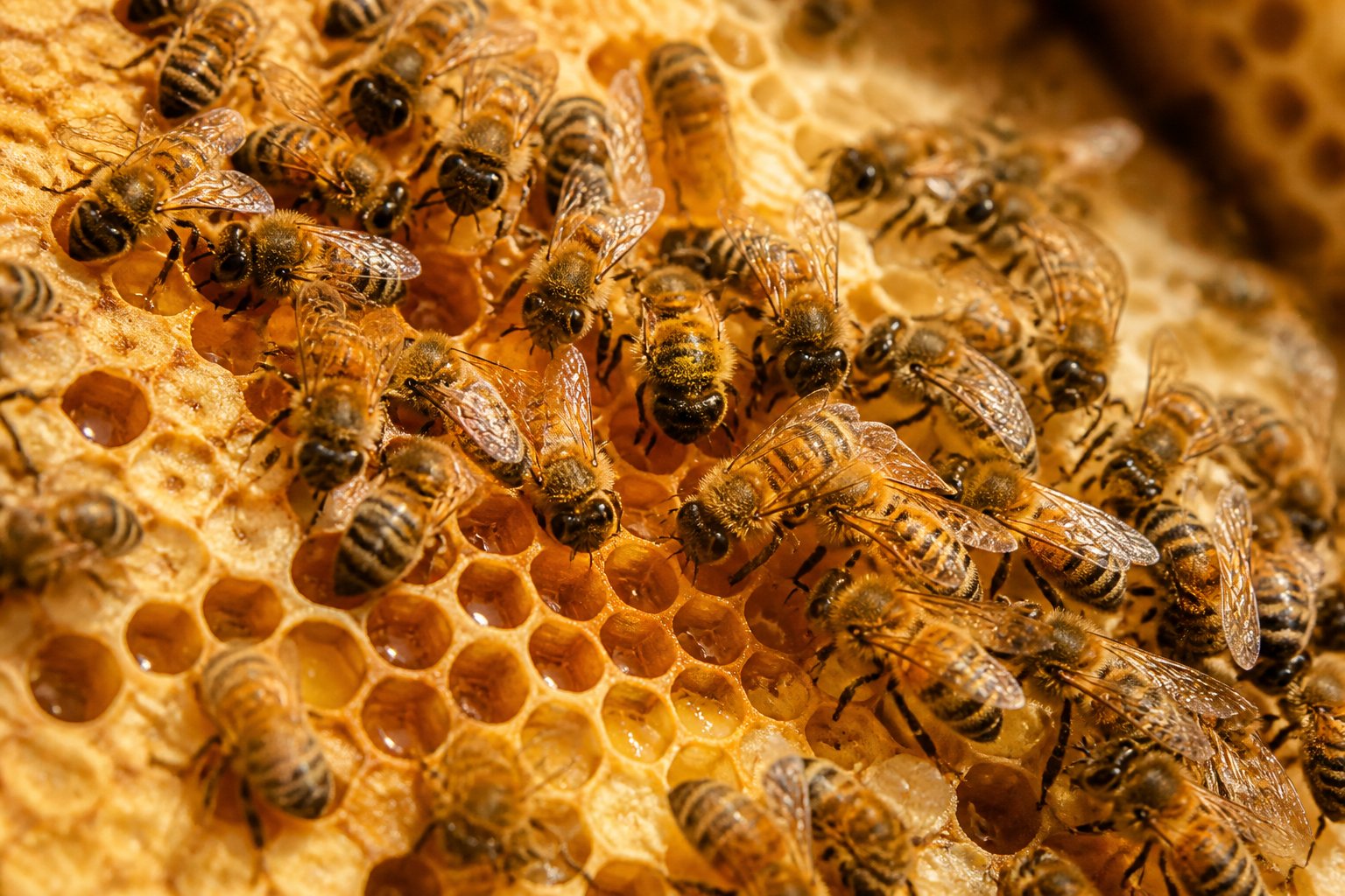 Close-up view of honeybees working on honeycomb inside a beehive with cells filled with golden honey.