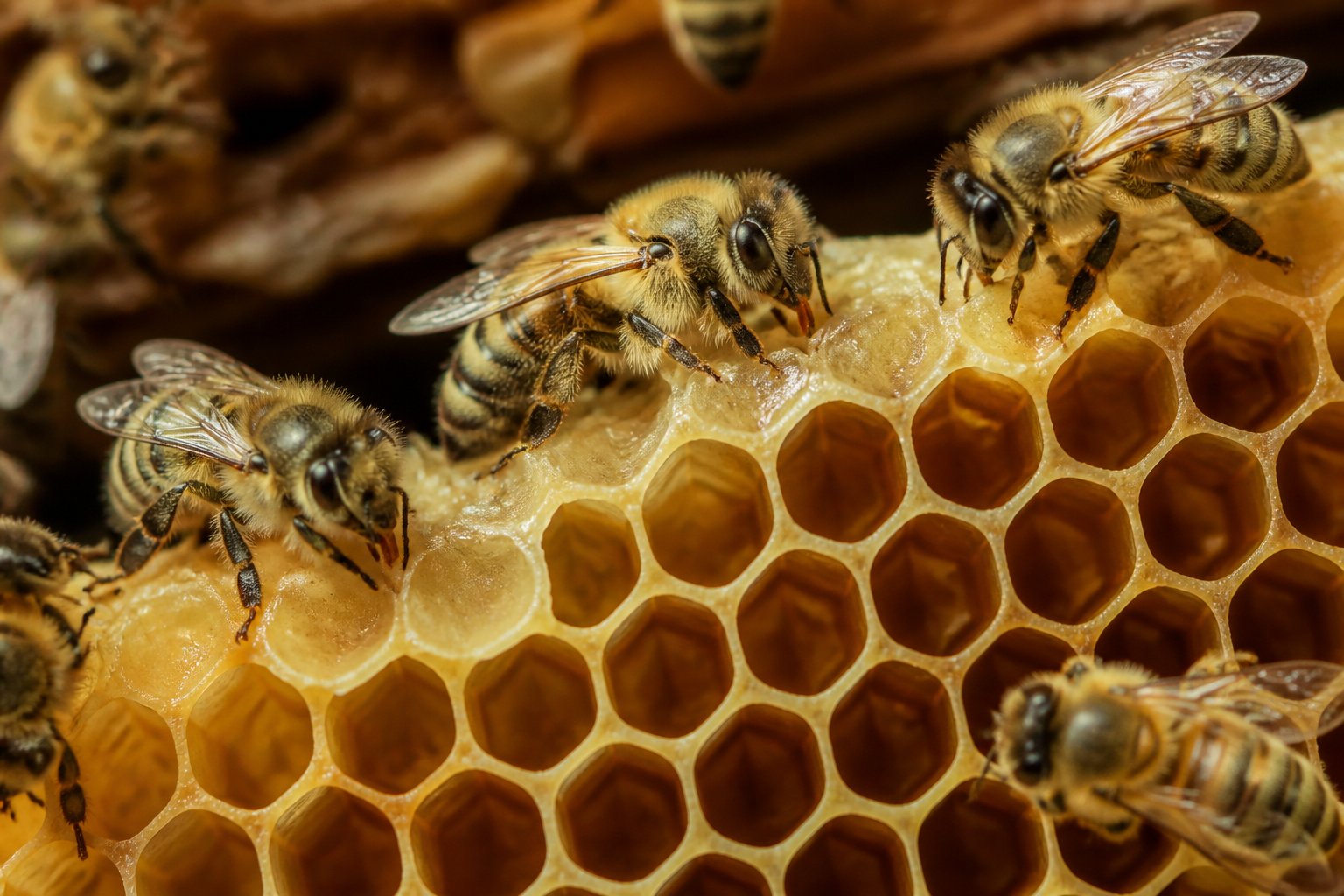 Close-up of bees shaping beeswax into a honeycomb inside a beehive.