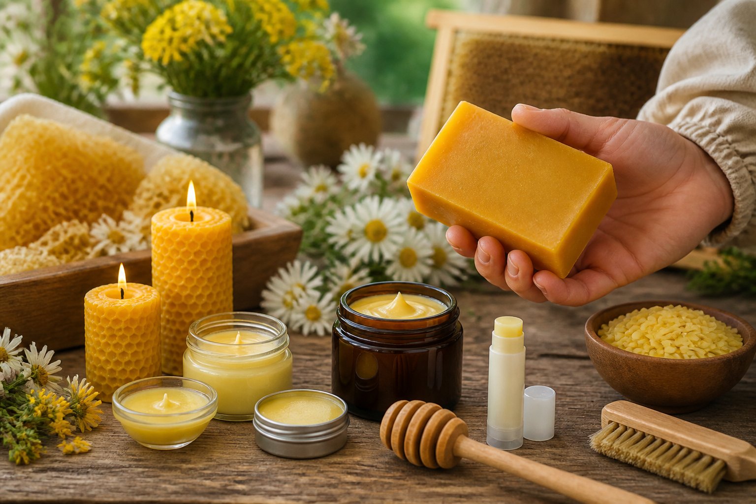 A workspace displaying various beeswax products including candles, lip balms, and creams alongside a block of beeswax and natural bee-related items.