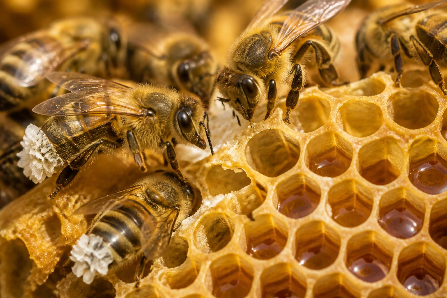 Close-up view of honeybees inside a hive producing wax and building honeycomb cells.