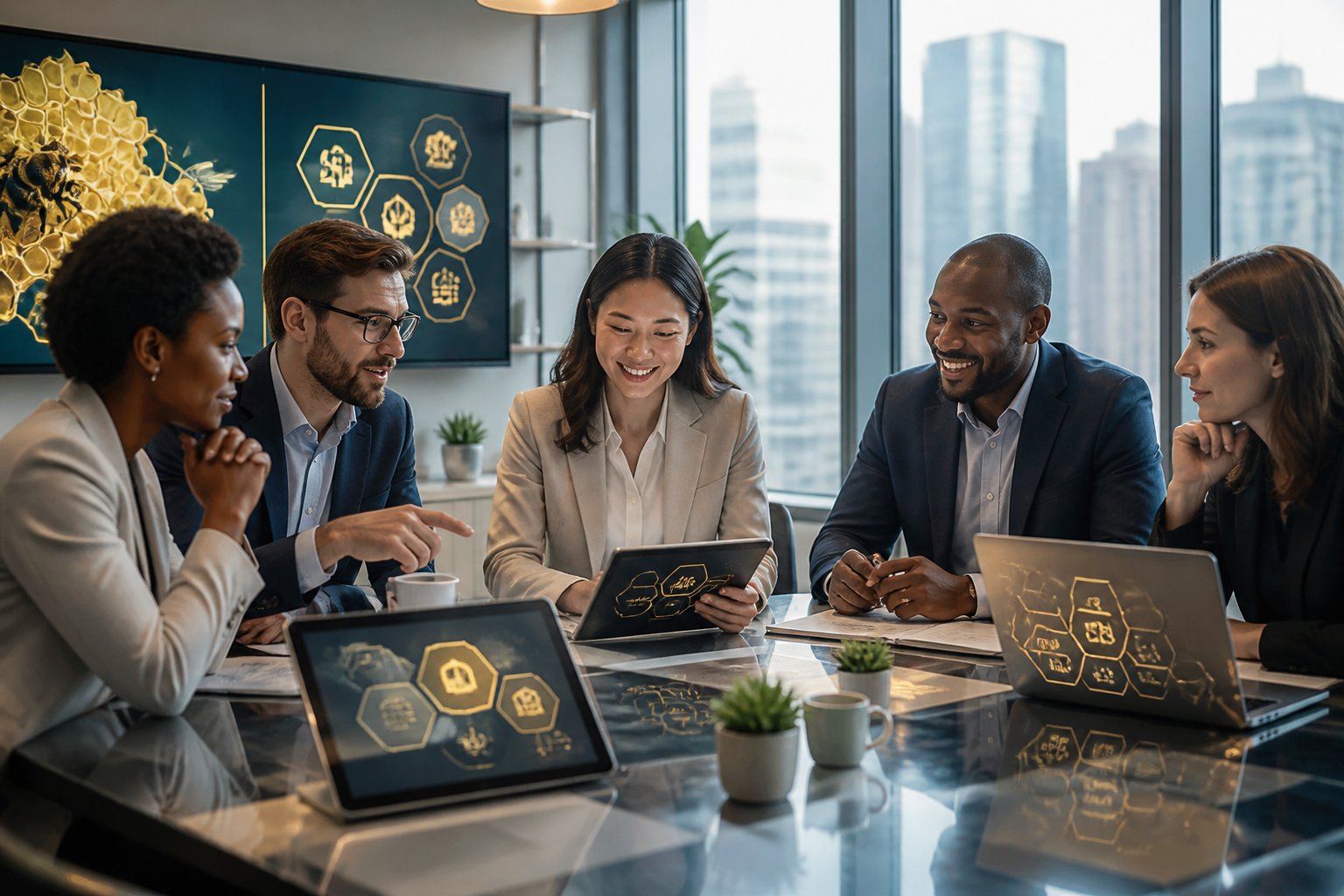 A group of business professionals working together around a table with digital devices showing honeycomb patterns in a bright office.