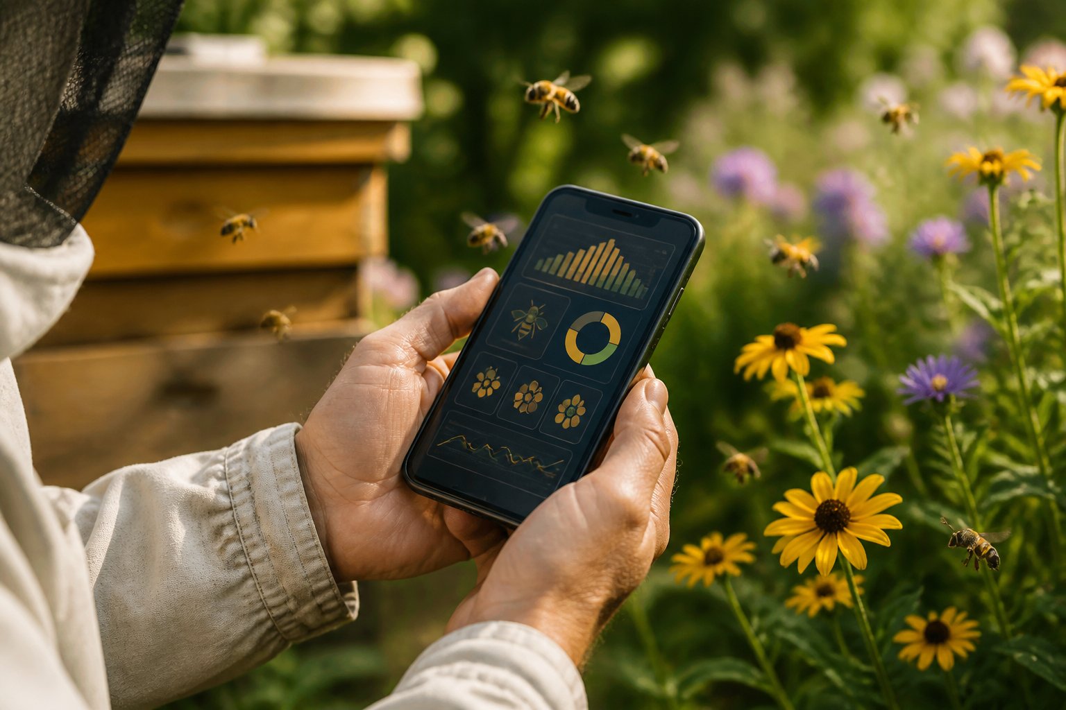Hands holding a smartphone with bees flying around flowers in a garden.