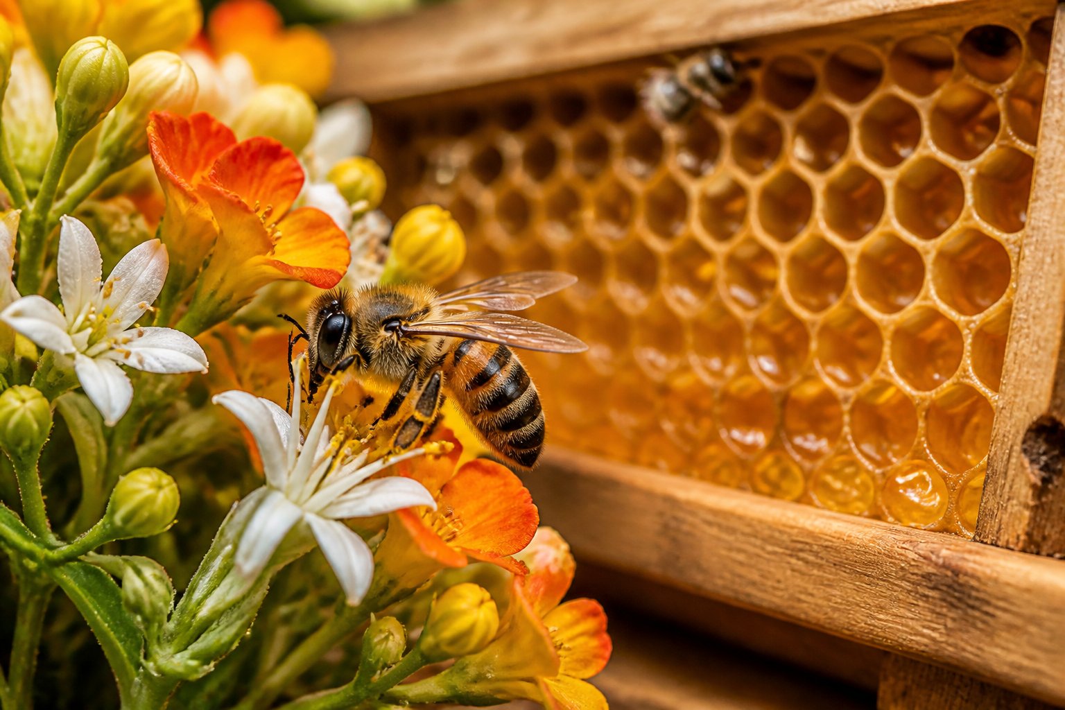 A close-up of a honeybee collecting nectar from colorful flowers with a honeycomb visible in the background.