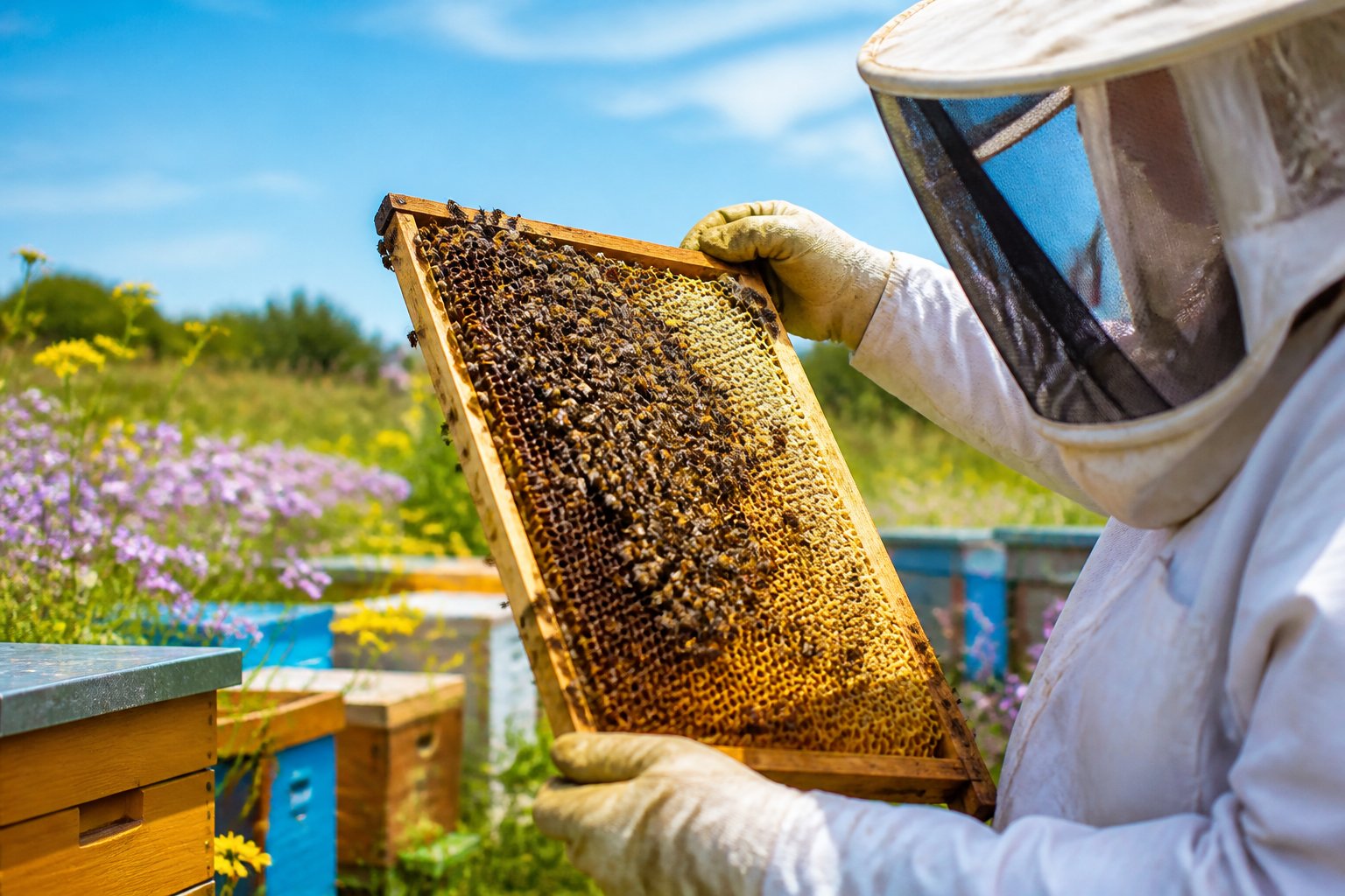A beekeeper holding a honeycomb frame covered with bees in a sunny garden with beehives and flowers.
