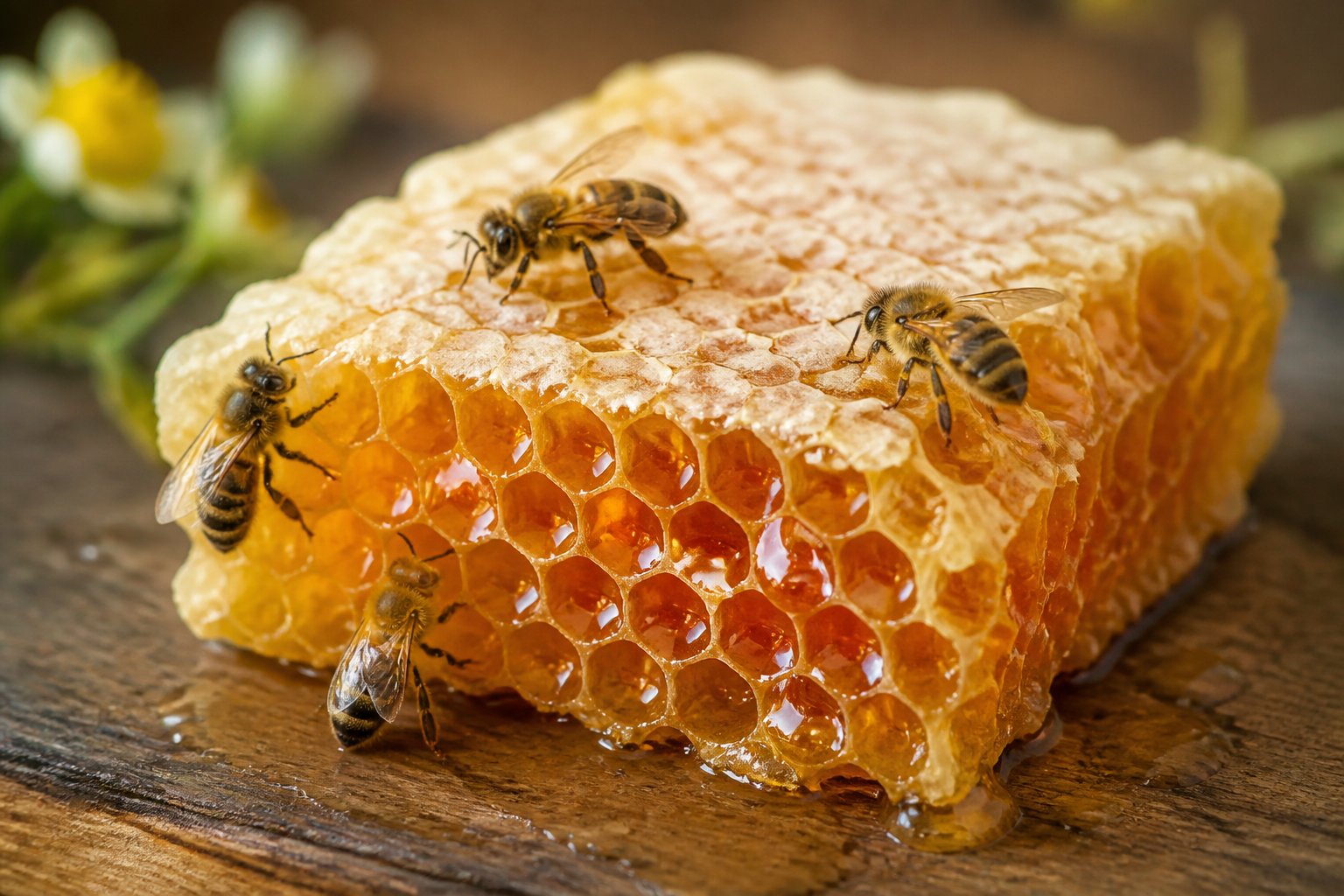 Close-up of a honeycomb with honey and bees on a wooden surface.