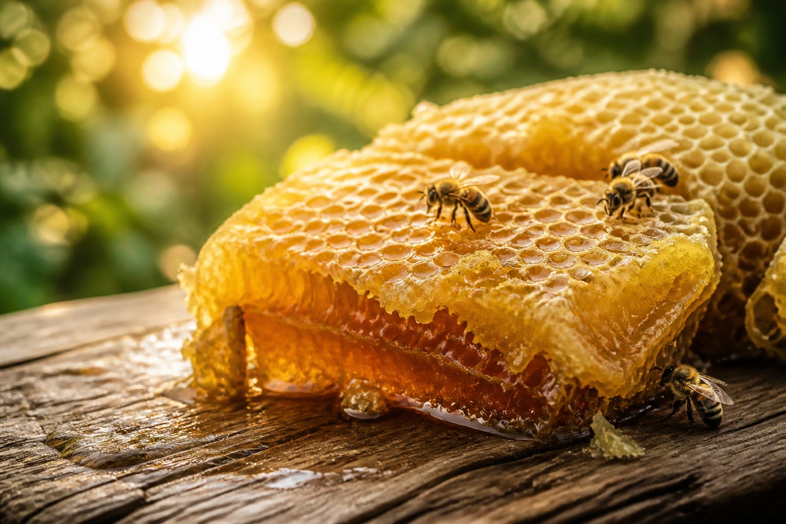 Close-up of a fresh honeycomb with honey and beeswax on a wooden surface, with bees resting on it and green foliage in the background.