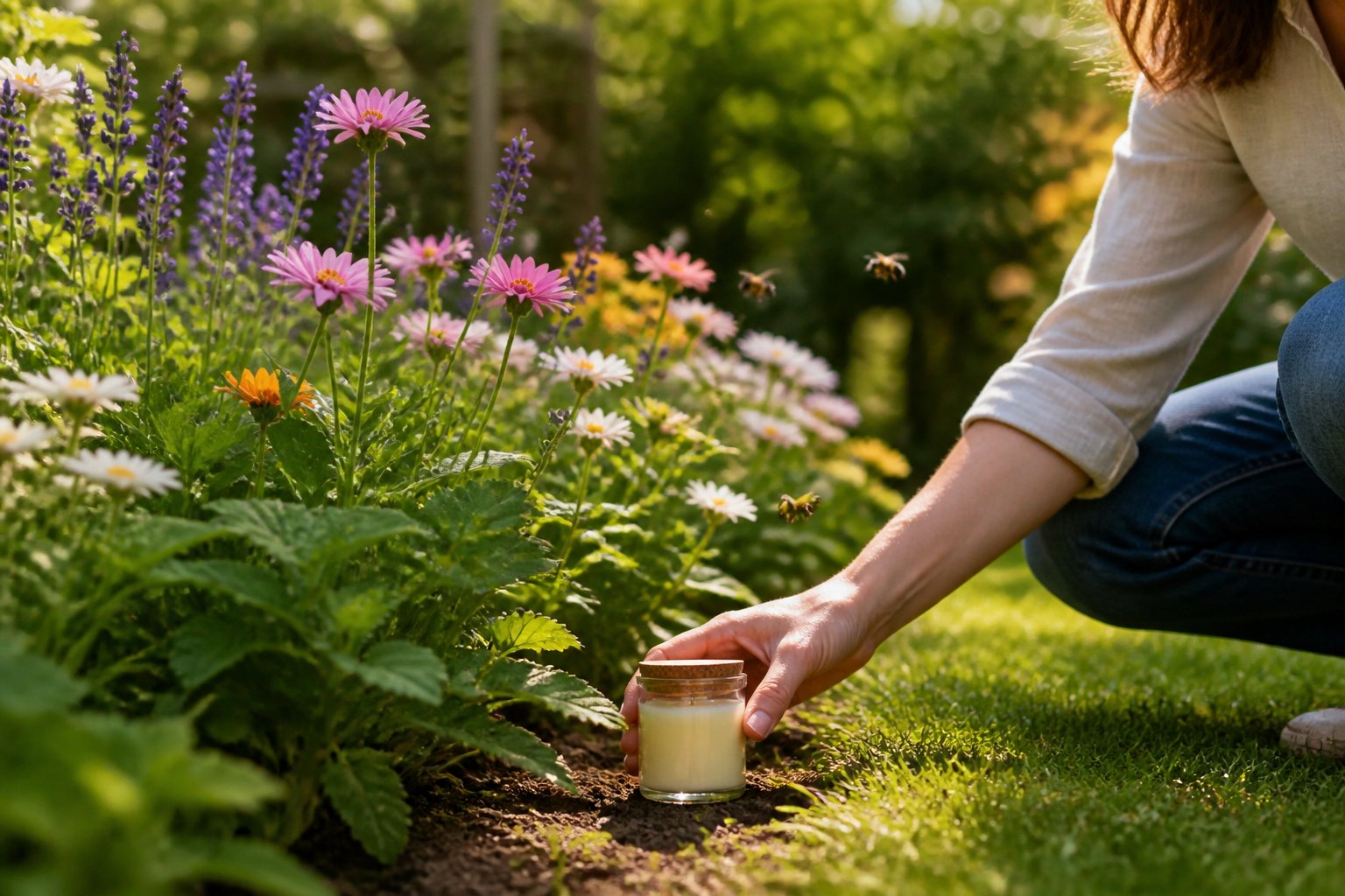 A person placing natural bee repellent near flowers in a sunny garden with bees flying nearby.