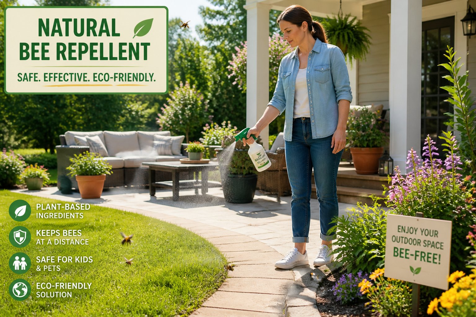 A person applying natural bee repellent around a sunny backyard patio with flowers and green grass, while bees fly nearby but stay away.