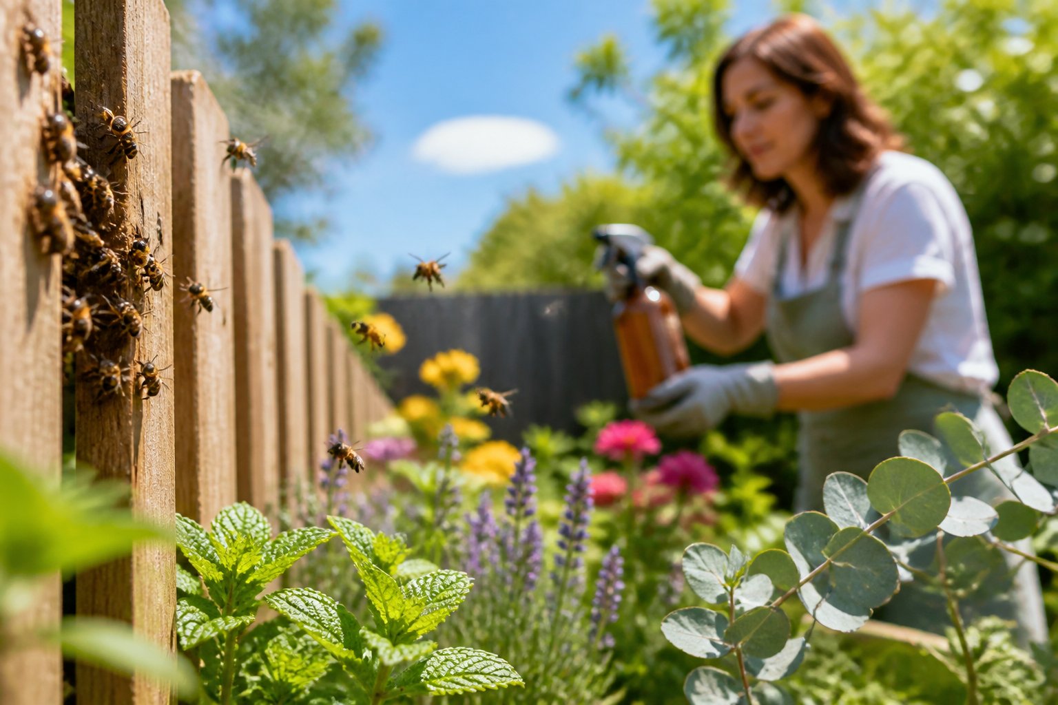 A person applying natural bee deterrents in a sunny garden with bees near flowers and a wooden fence.