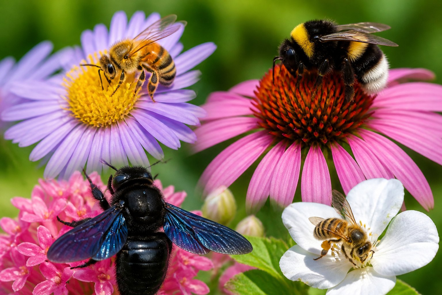 Close-up of different types of bees on colorful flowers in a natural setting.
