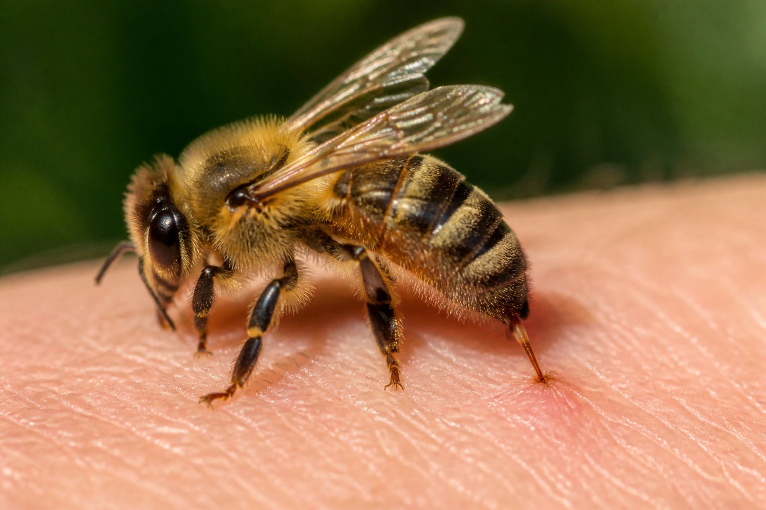 Close-up of a honeybee stinging human skin with its stinger visible.