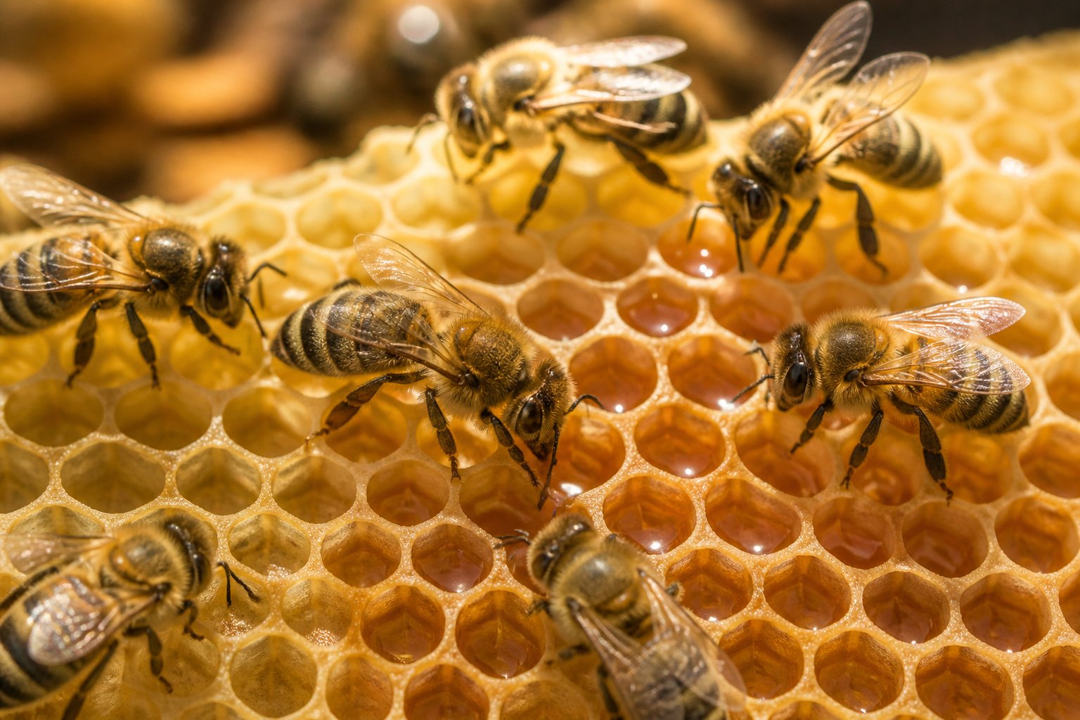 Close-up of honeybees working inside a honeycomb filled with golden honey.