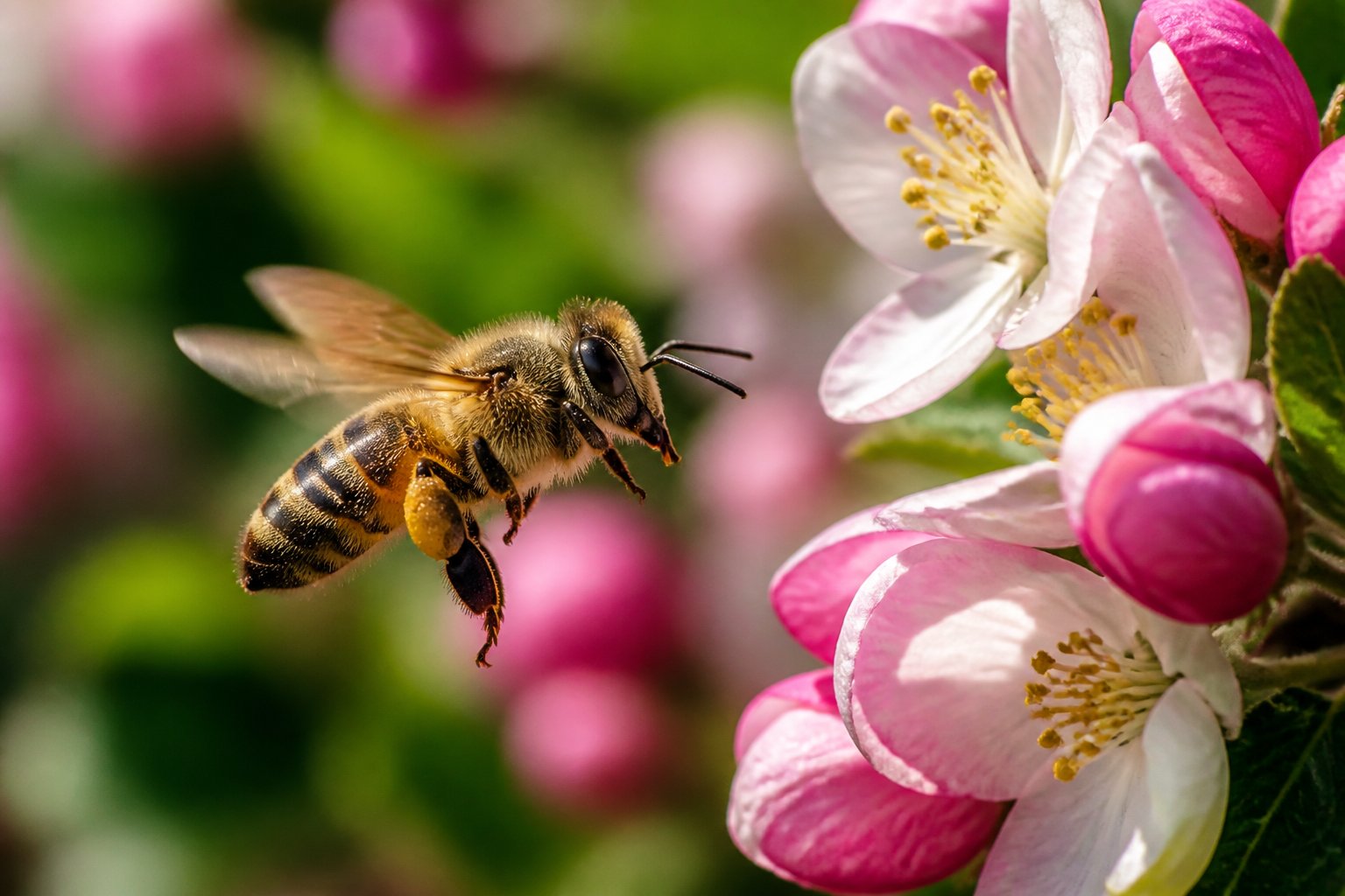 A honeybee flying near blooming flowers in a garden.
