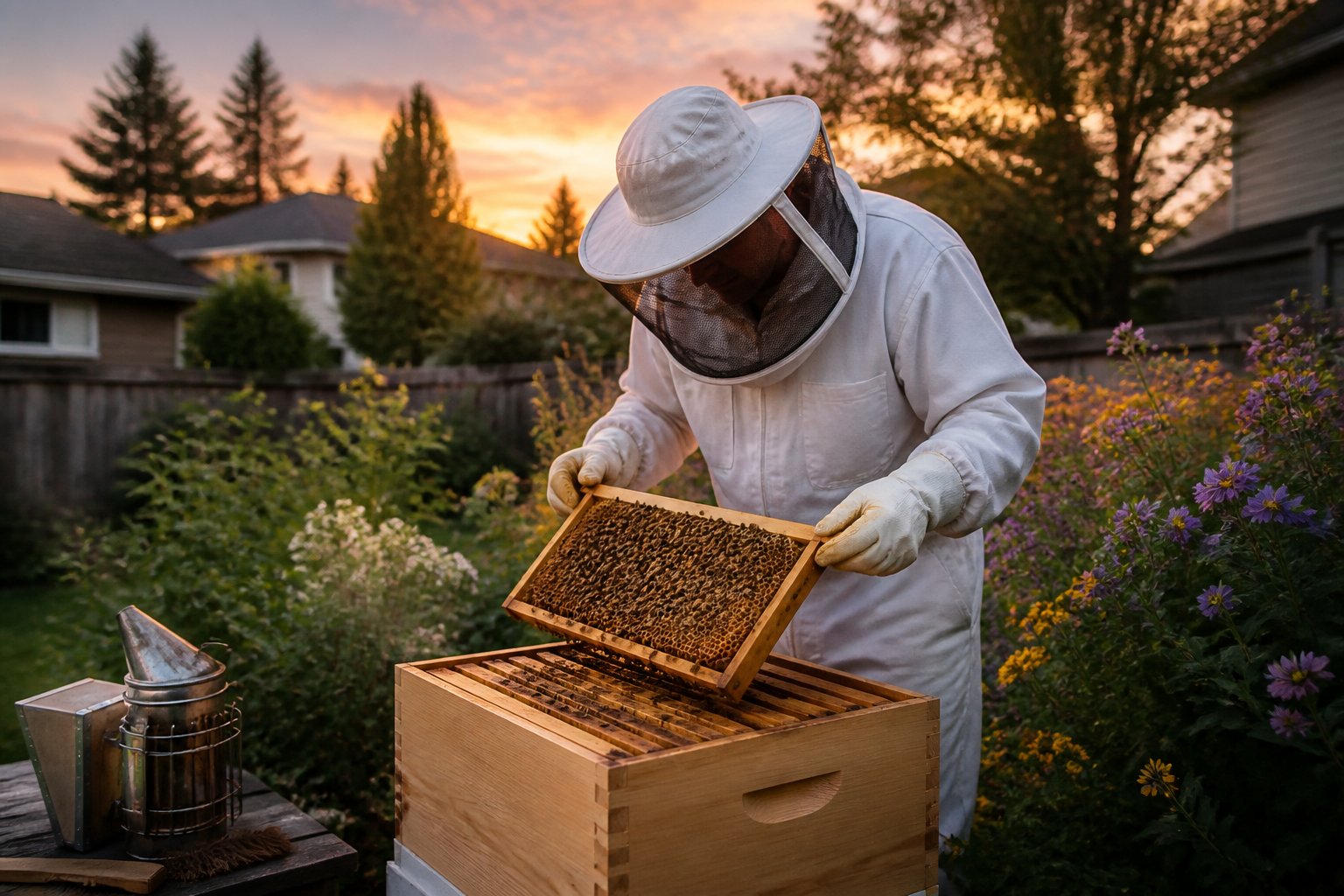 A beekeeper in protective gear gently inspecting a beehive in a backyard garden at dusk.