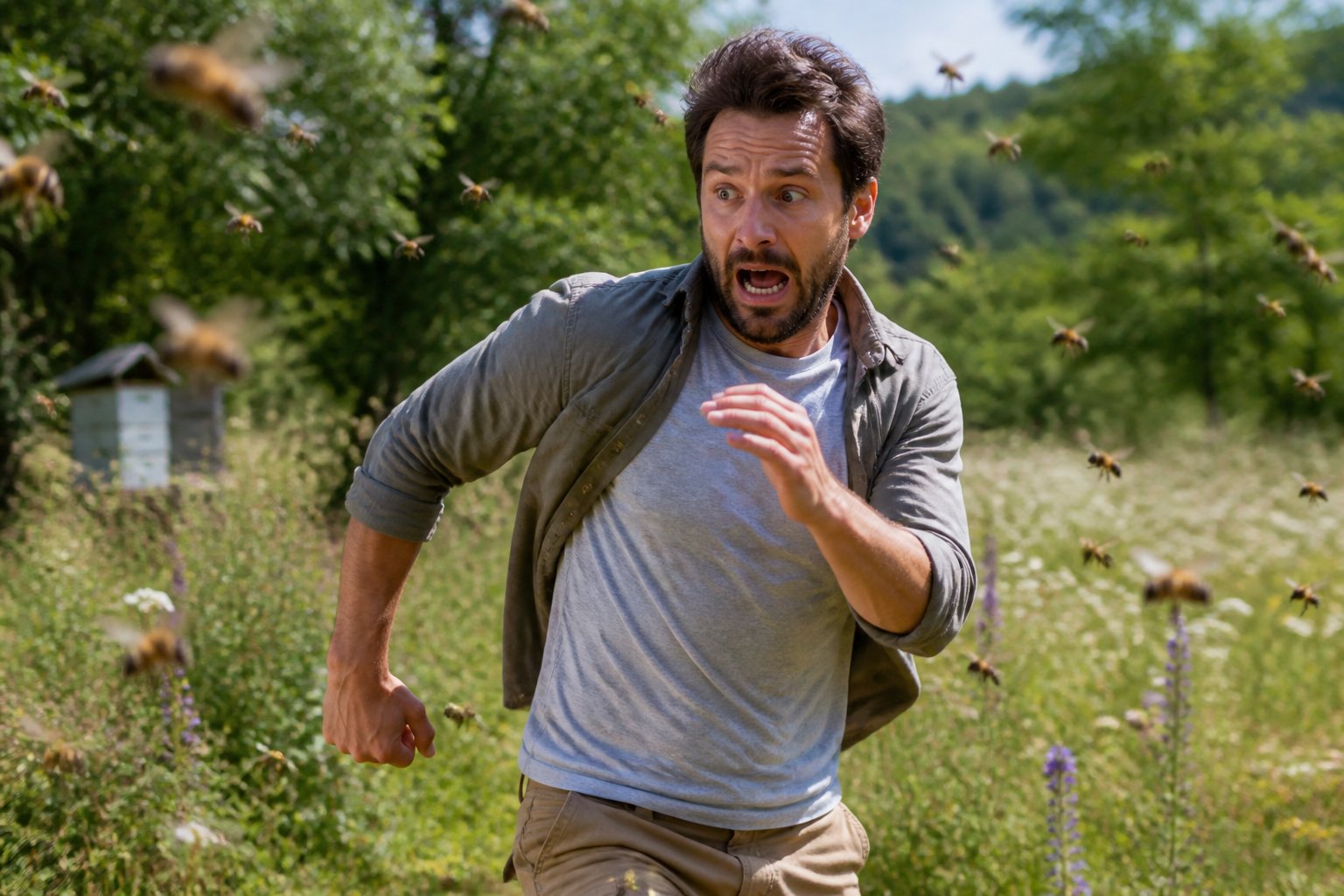 A person running outdoors with bees flying closely behind them.