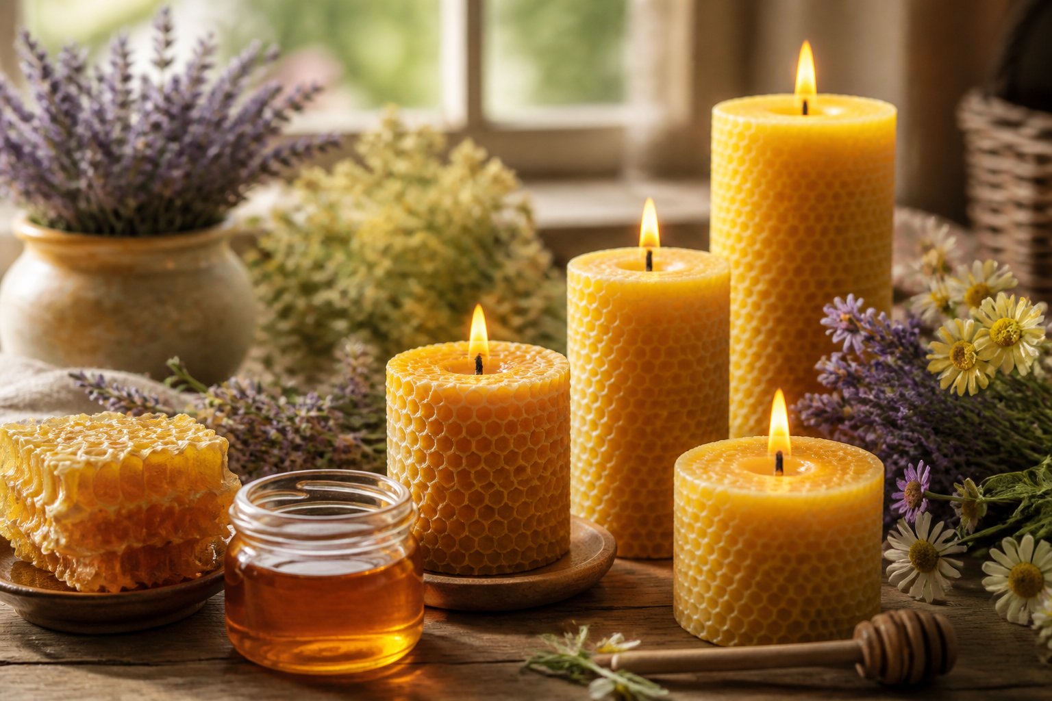 Lit beeswax candles glowing warmly on a wooden table surrounded by honeycombs, jars of honey, and fresh flowers in a softly lit room.