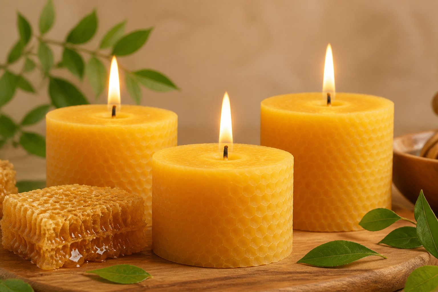 Close-up of beeswax candles burning with steady, clean flames on a wooden surface surrounded by honeycomb pieces and green leaves.