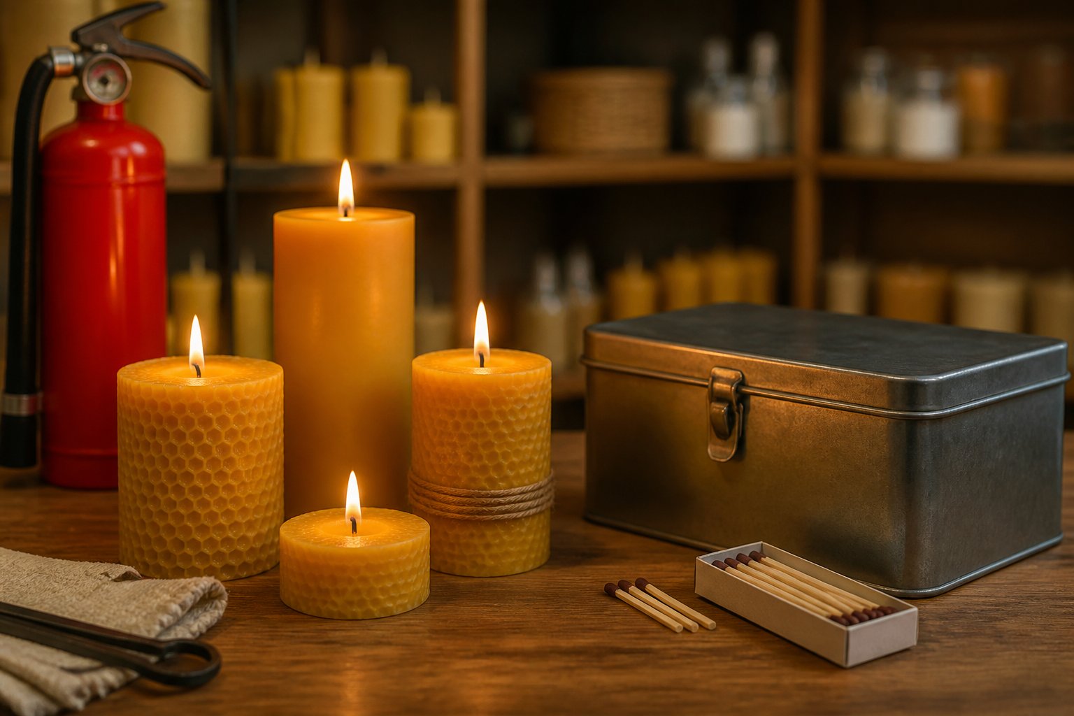 Beeswax candles burning safely on a wooden surface with a fire extinguisher and storage box nearby in a tidy indoor setting.