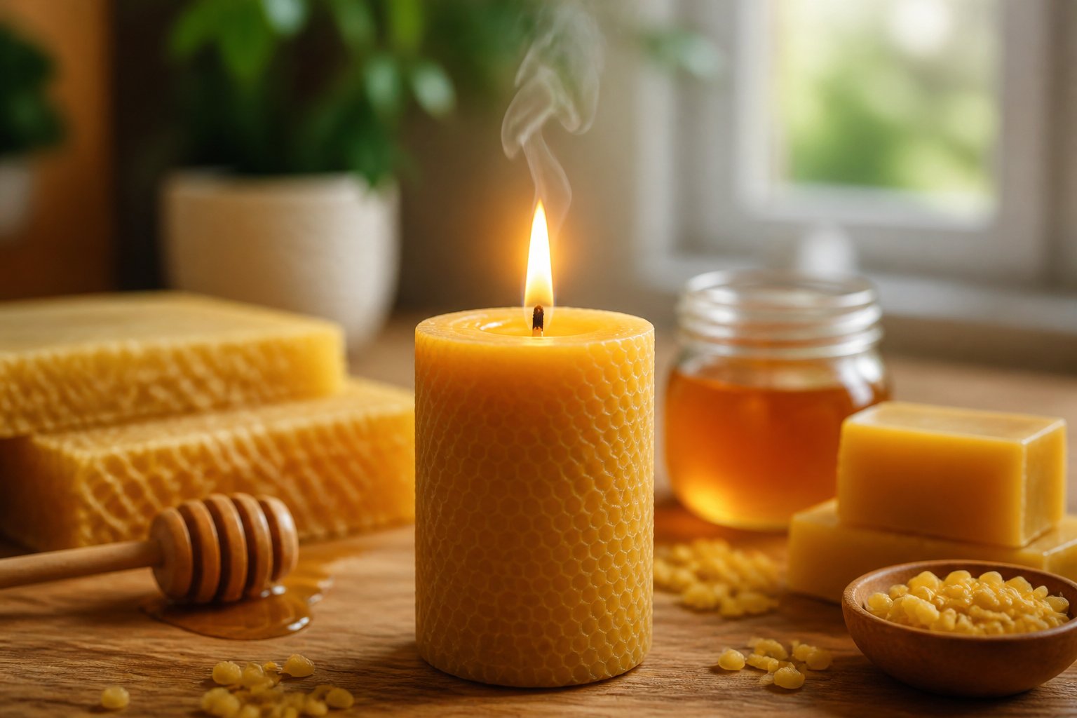 A lit beeswax candle on a wooden table surrounded by honeycomb and beeswax blocks with soft natural light in the background.