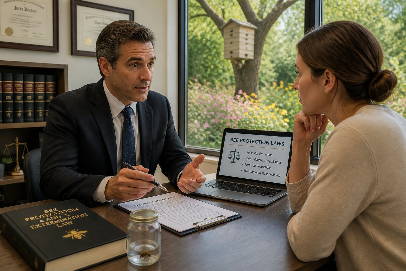 A lawyer and client discussing legal documents at a desk with a jar containing a honeybee and a law book, near a window showing a garden with a beehive.