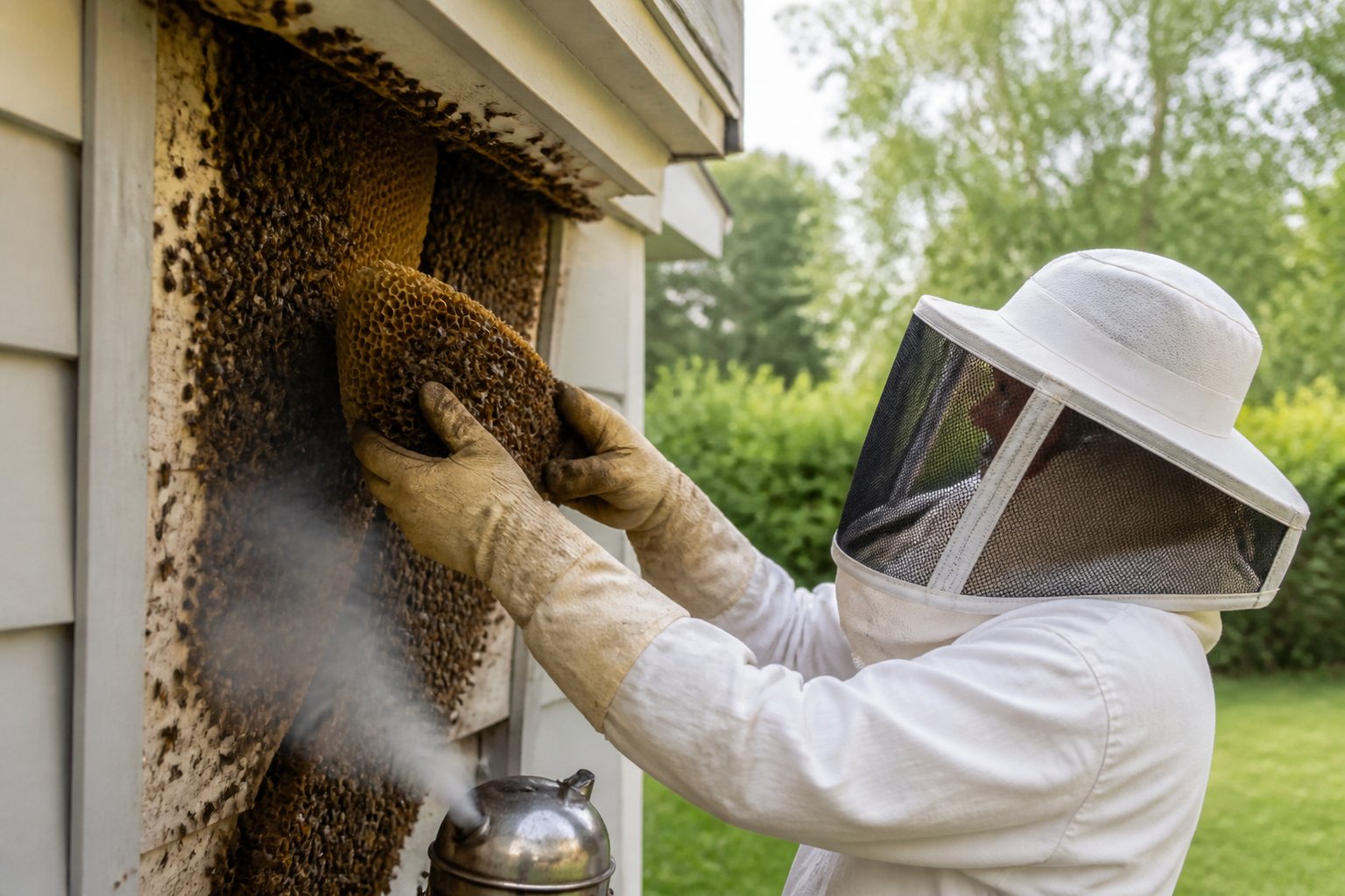 A beekeeper in protective gear carefully removing a beehive from the corner of a house outdoors during daytime.