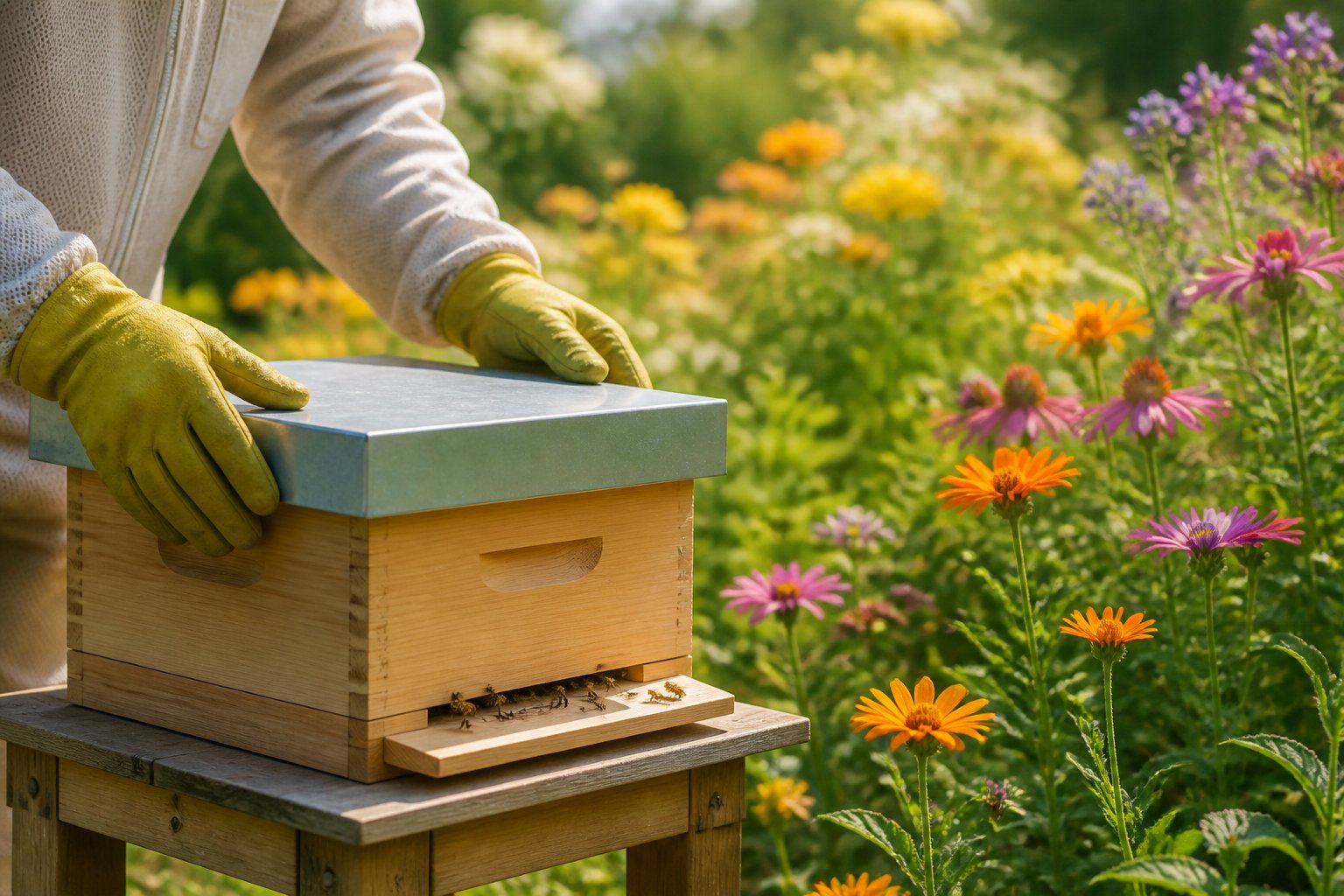 A person tending a small beehive in a garden full of blooming flowers with bees flying around.