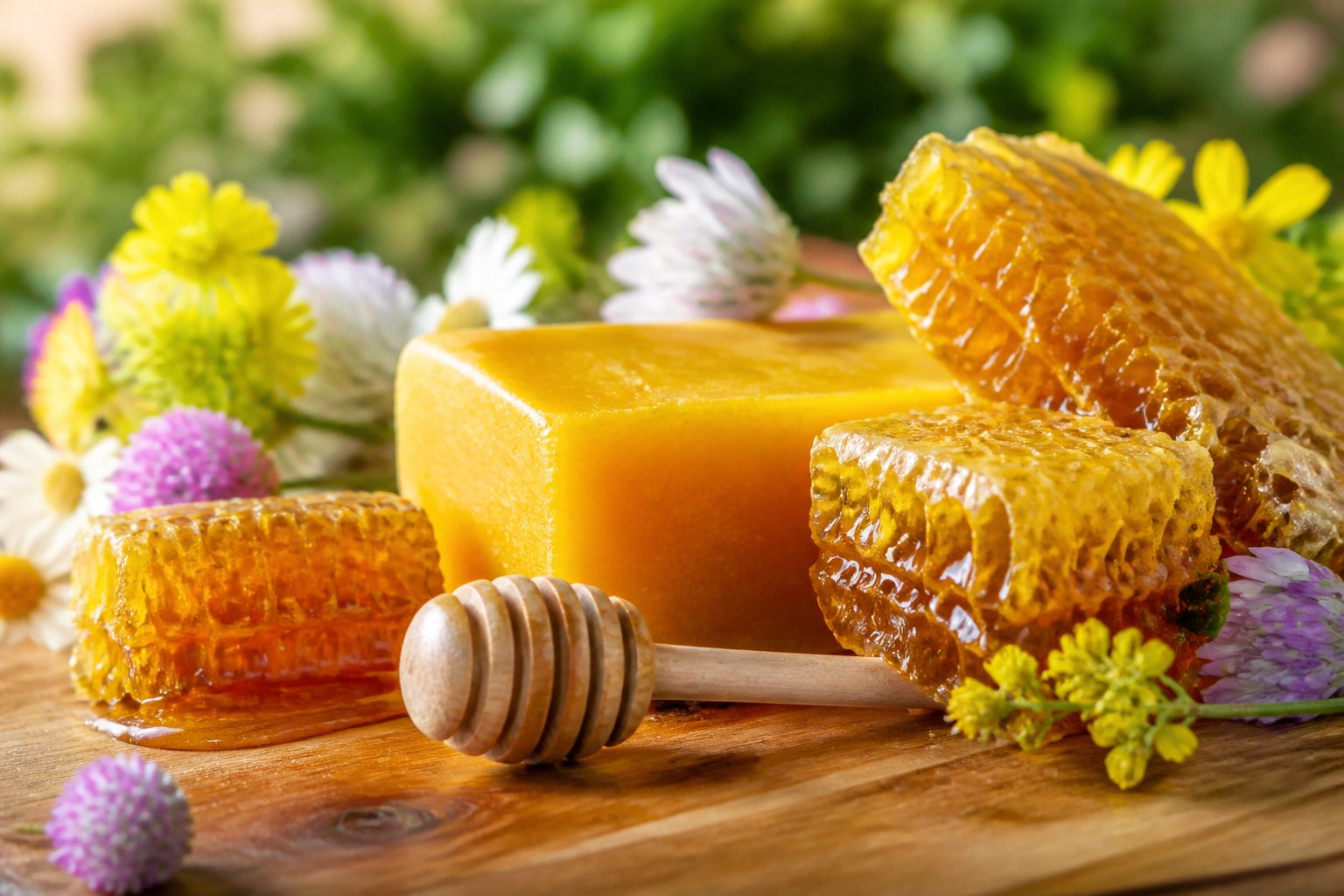 Close-up of a wooden honey dipper next to a block of beeswax and honeycomb with wildflowers on a wooden surface.