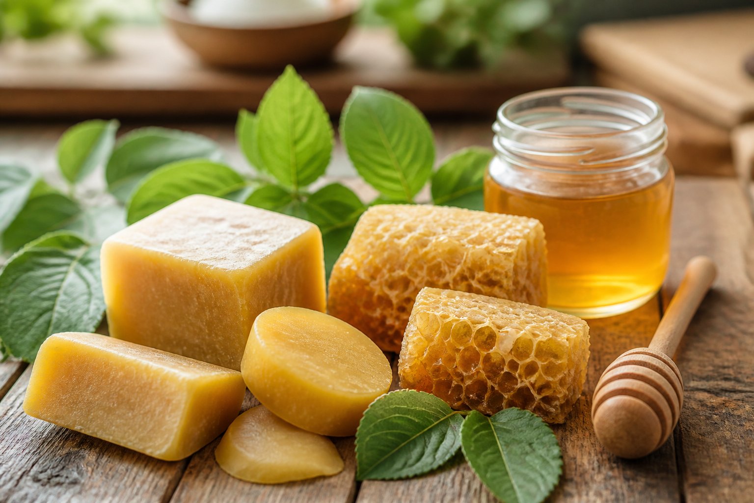Close-up of beeswax pieces, honeycomb, a jar of honey, and green leaves arranged on a wooden table.
