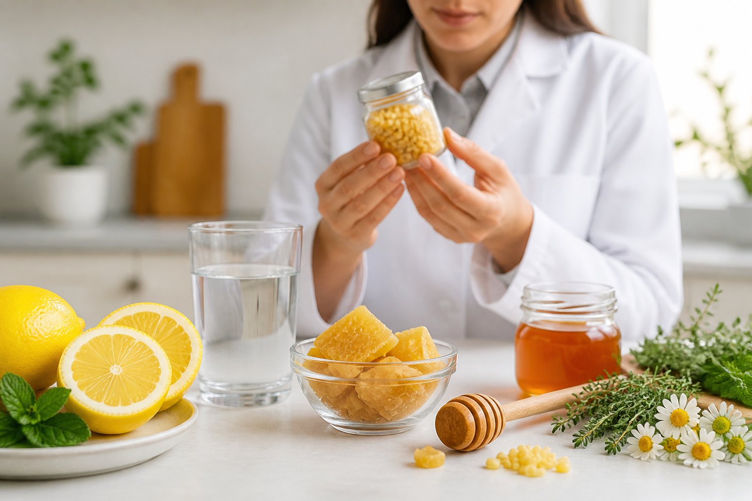 A kitchen countertop with a bowl of beeswax chunks, honey jar, lemon slices, and a person in a lab coat examining beeswax.