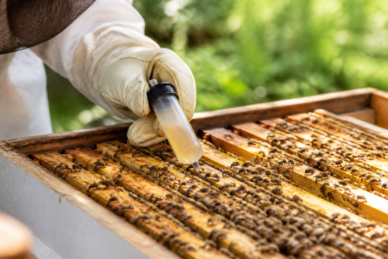 A beekeeper feeding honeybees inside a wooden beehive outdoors.