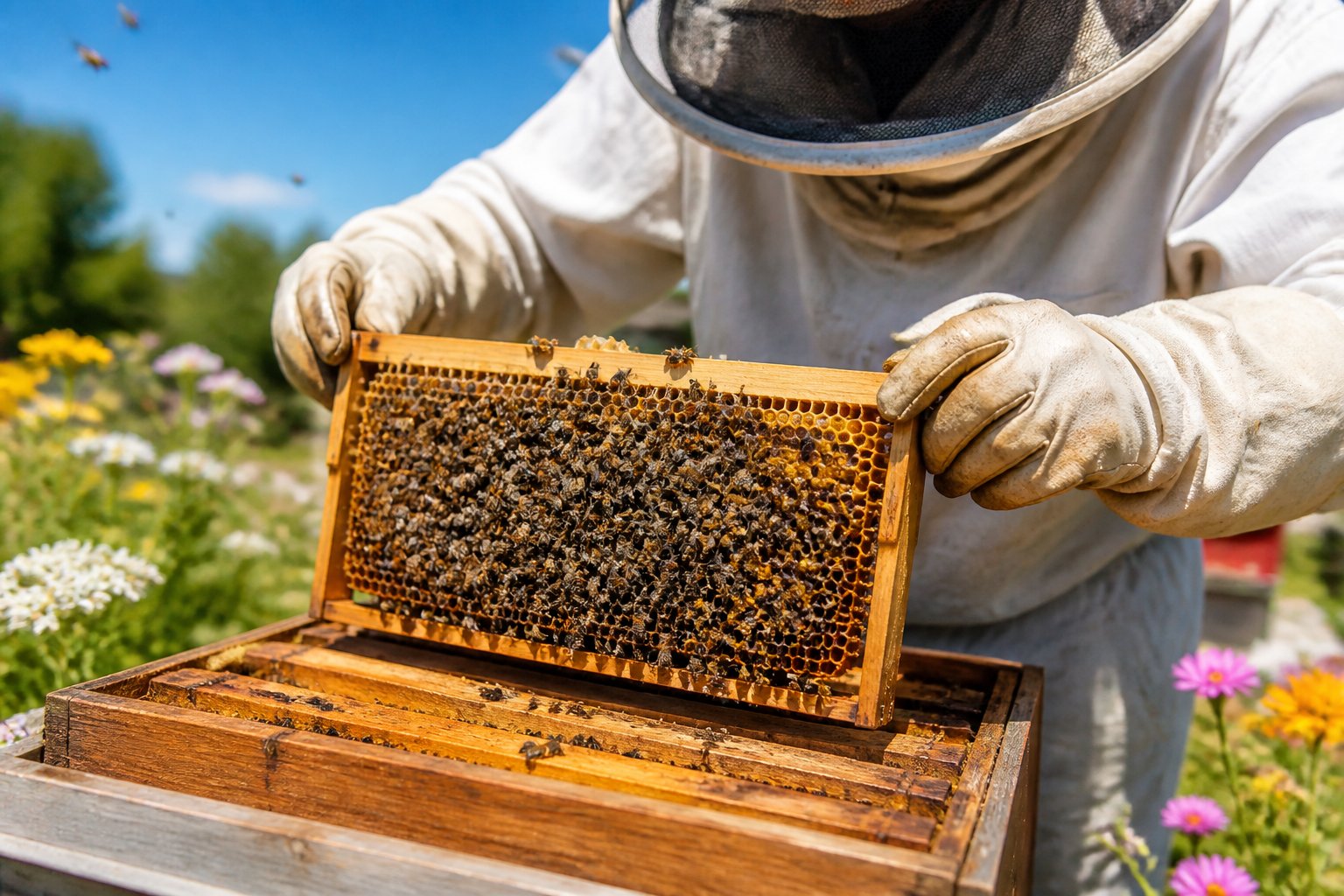 A beekeeper in protective clothing inspecting a wooden beehive with bees on honeycomb frames outdoors surrounded by flowering plants.